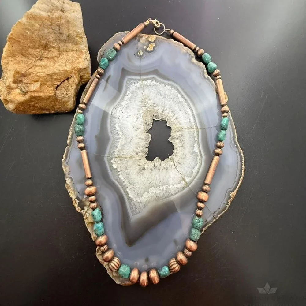 Southwestern Style 3-9.5mm Copper Navajo Pearl,Cylinder&Turquoise Beads Necklace